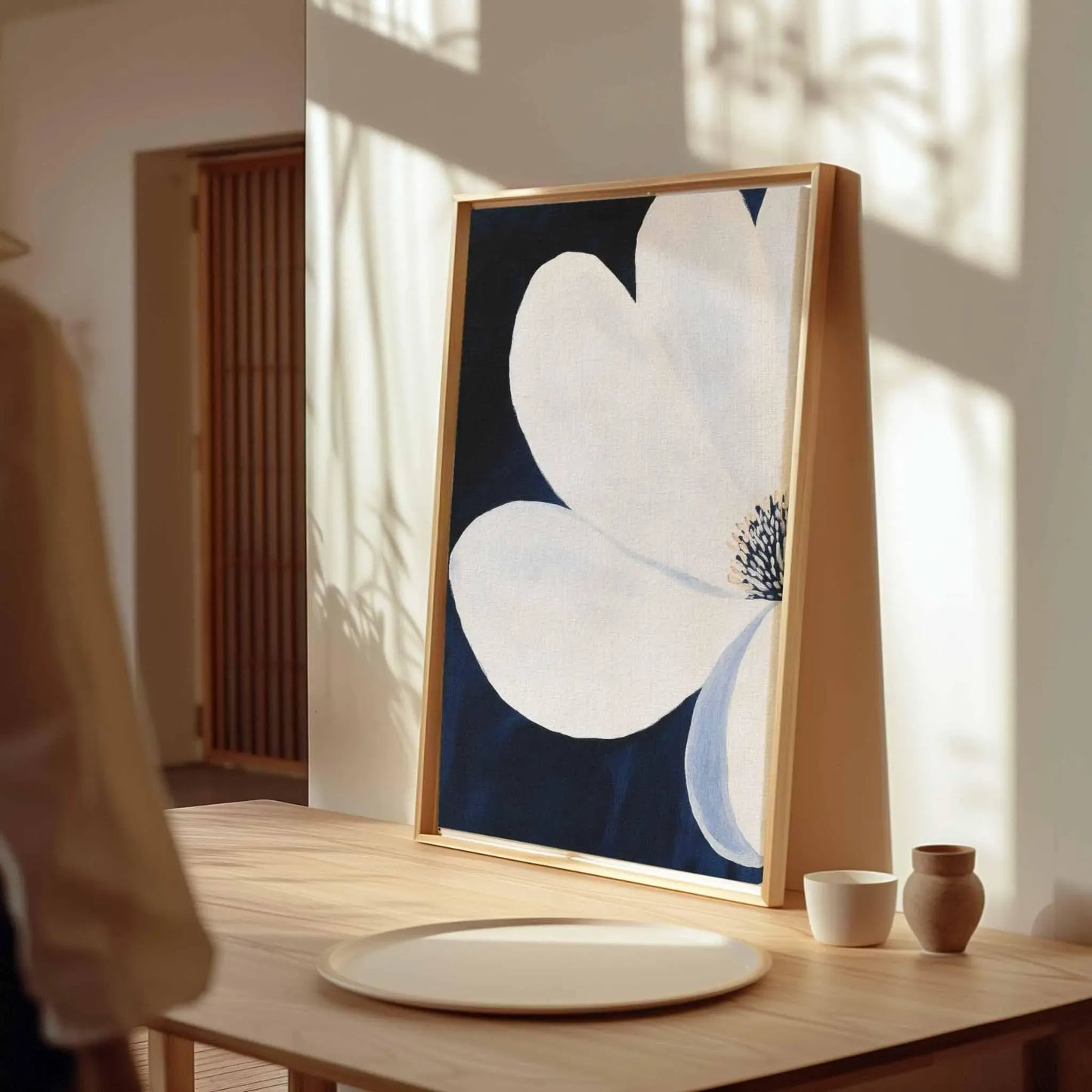 White Flower on Navy - Canvas Frame