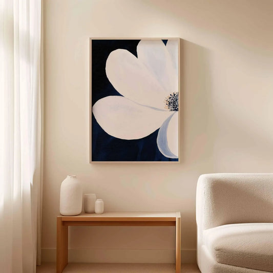White Flower on Navy - Canvas Frame