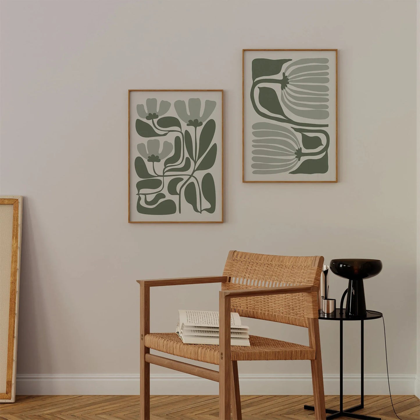Abstract Sage Green Flower Art - Set of 2