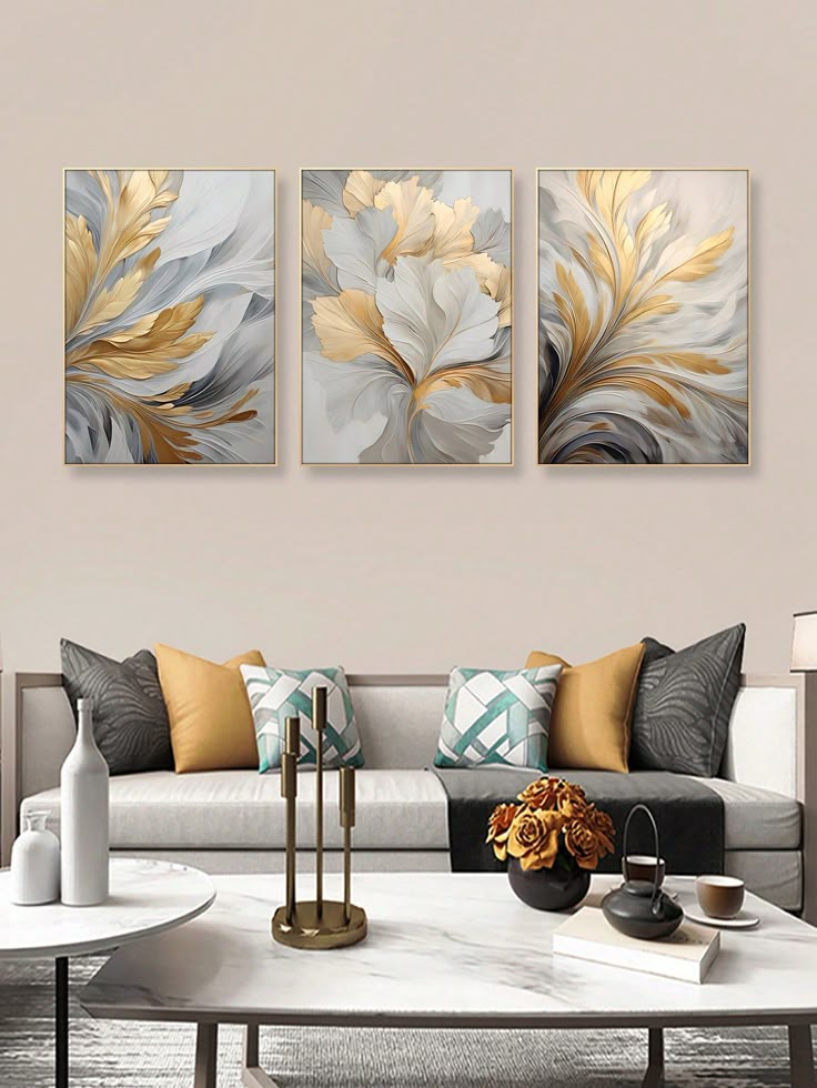 Gold and Grey Flower - Set of 3