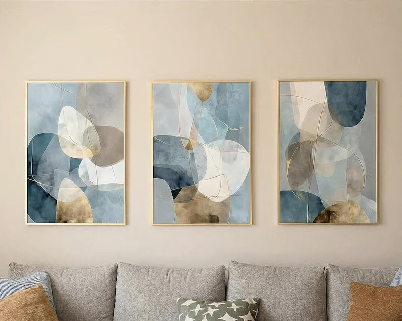 Blue Gray Gold Geometric Set of 3