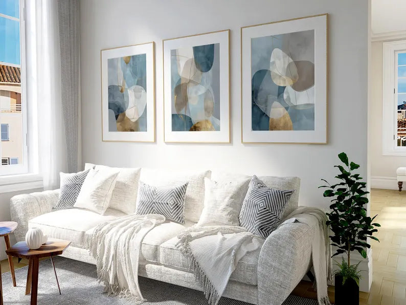 Blue Gray Gold Geometric Set of 3
