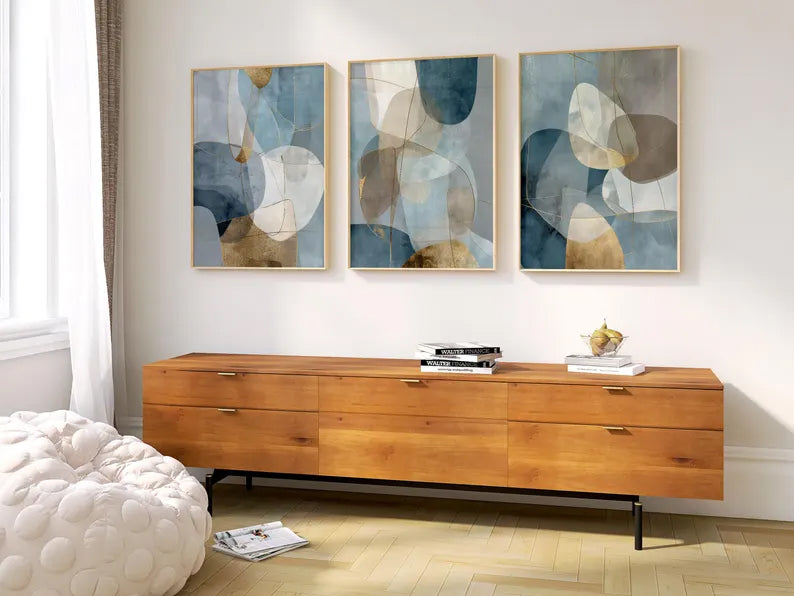 Blue Gray Gold Geometric Set of 3