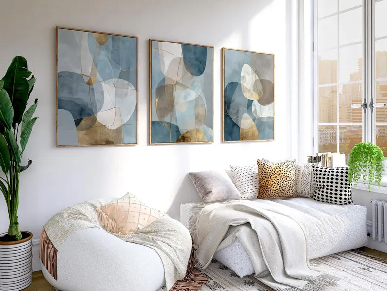 Blue Gray Gold Geometric Set of 3