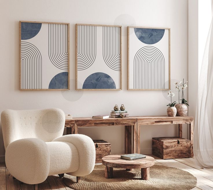 Boho Blue Abstract Art - Set of 3