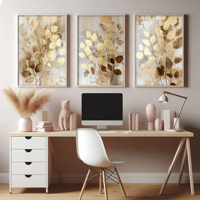 Gold Autumn Fall Leaves Wall Art Abstract  Set of - 3