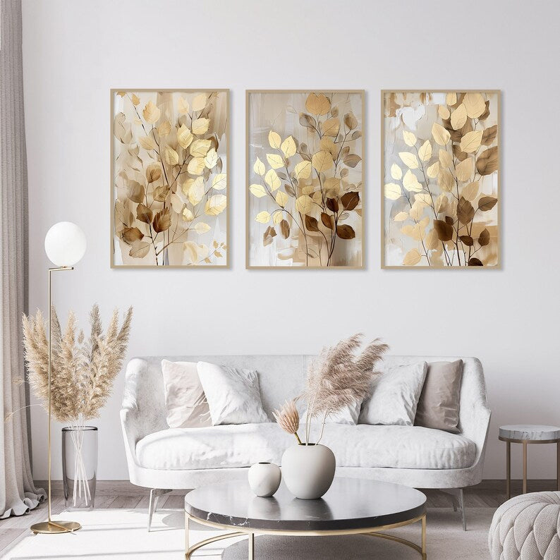 Gold Autumn Fall Leaves Wall Art Abstract  Set of - 3
