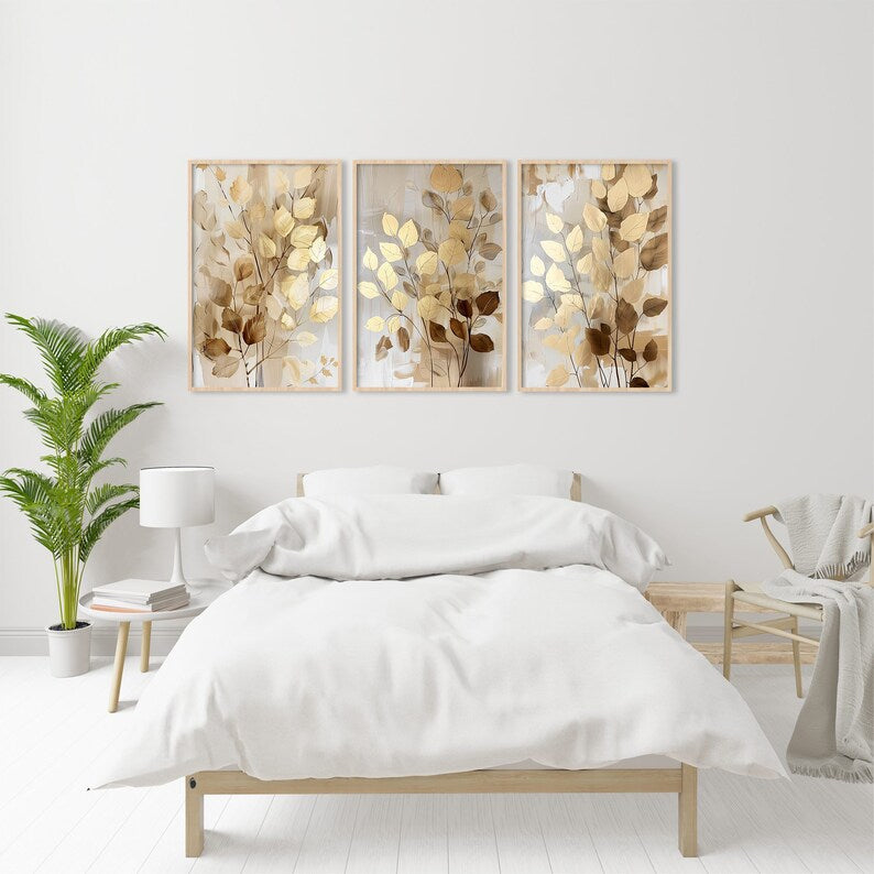 Gold Autumn Fall Leaves Wall Art Abstract  Set of - 3