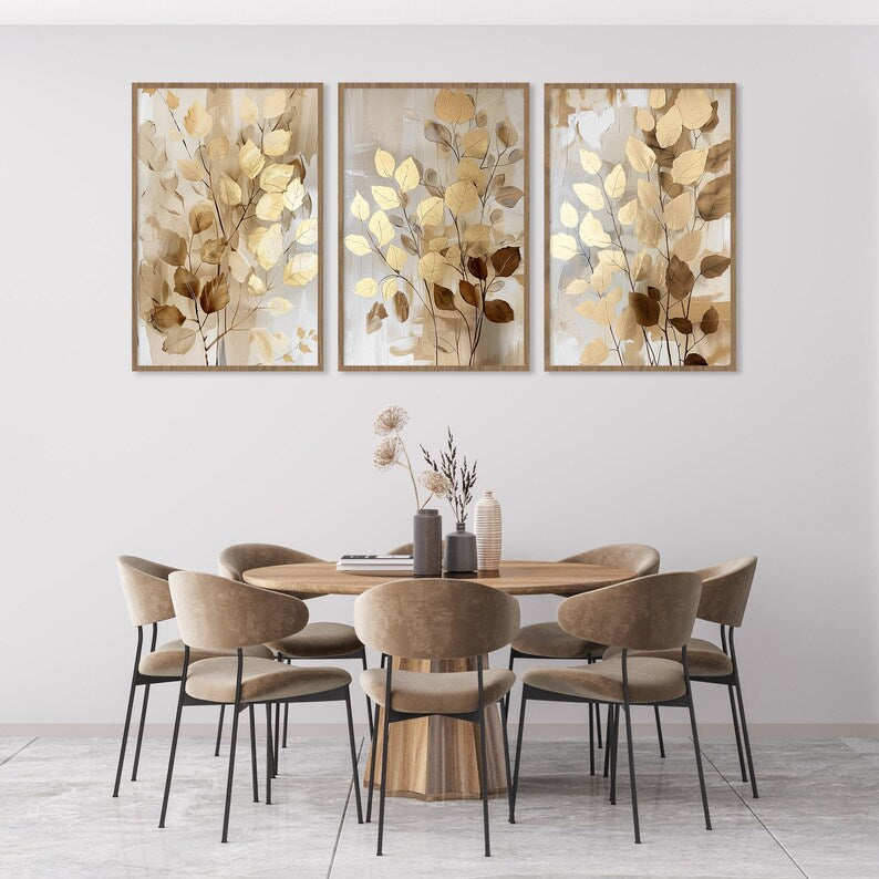Gold Autumn Fall Leaves Wall Art Abstract  Set of - 3