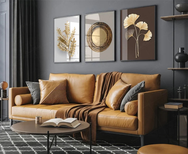 Gold Ginkgo Leaf Floral Modern Nordic Brown Set of 3