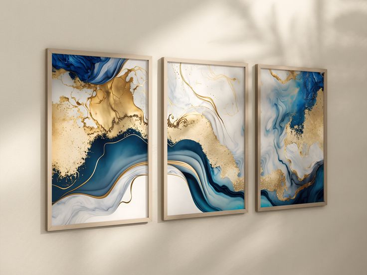 Golden Blue Marbel Art - Set of 3