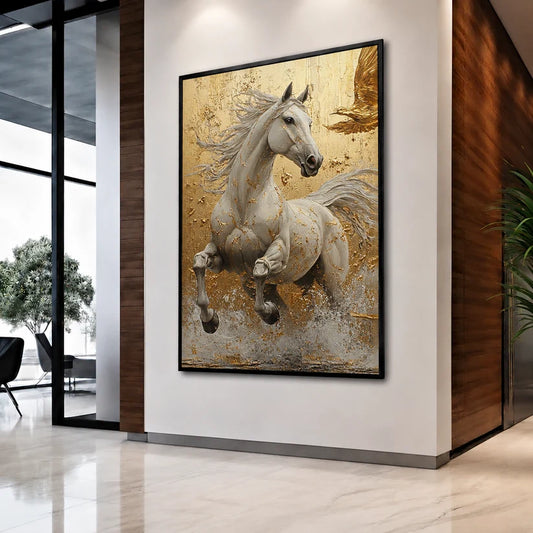 Golden Grace White Horse Wall Frame