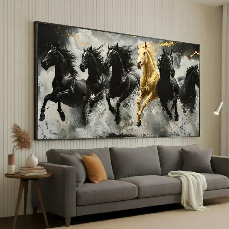 Luxury Running Horses Wall Art – Black & Gold Modern Frame