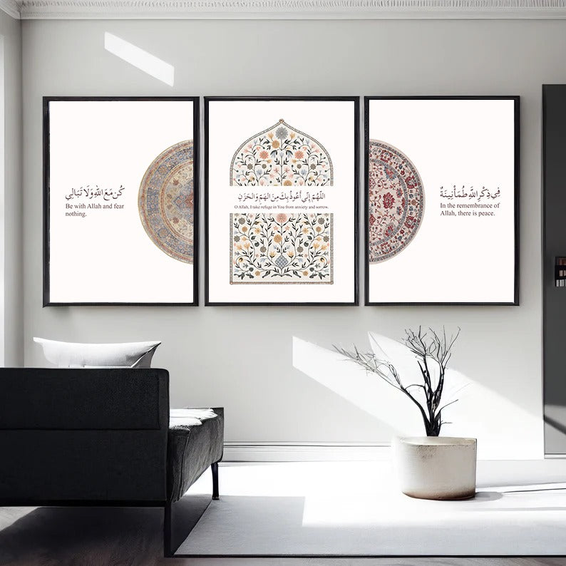 Minimalist Islamic Wall Art Set of 3 | Arabic Quotes & Mandala Design Frames