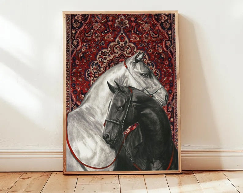 Elegant Dual Horse Portrait Wall Art | Persian Rug Background Frame