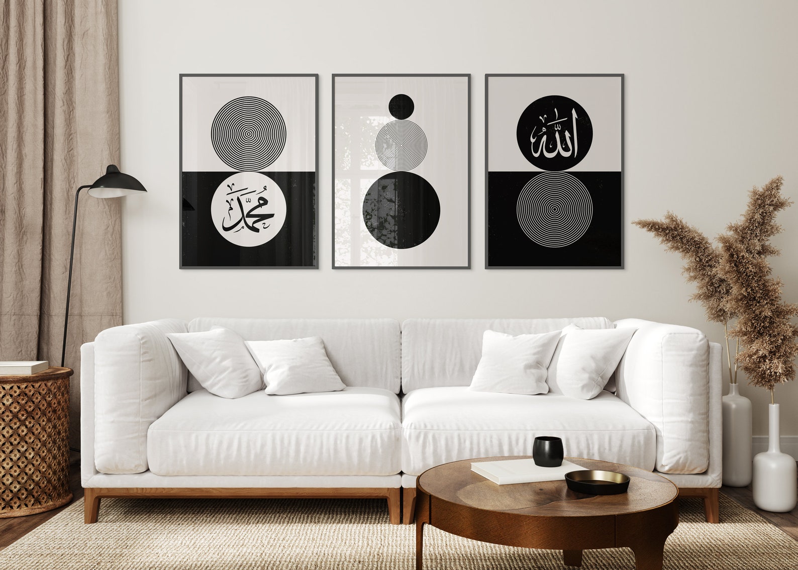 Set of 3 - Boho Black & White Circle Frame Prints - Allah And Muhammad (PBUH)