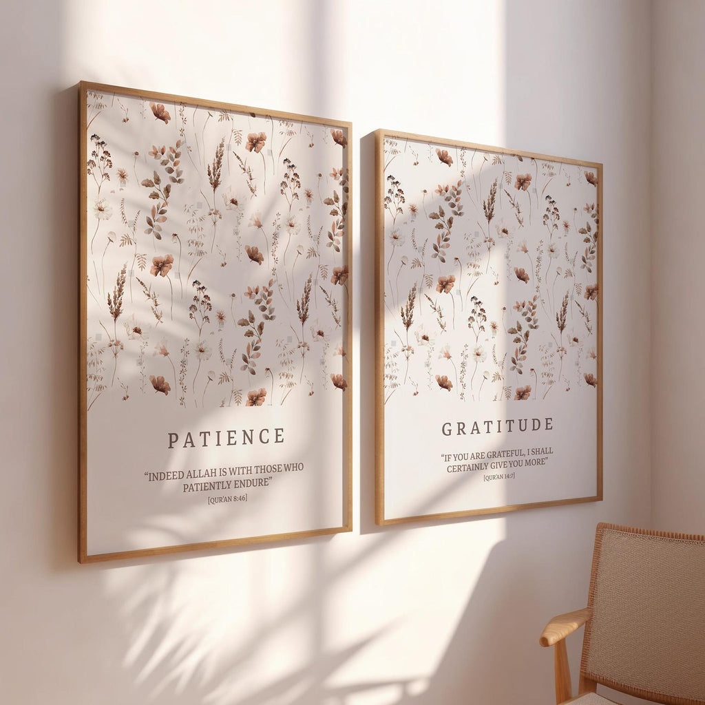Set of 3 Premium Beige Botanical Flower Leafed Prints, Patience Gratitude & Love