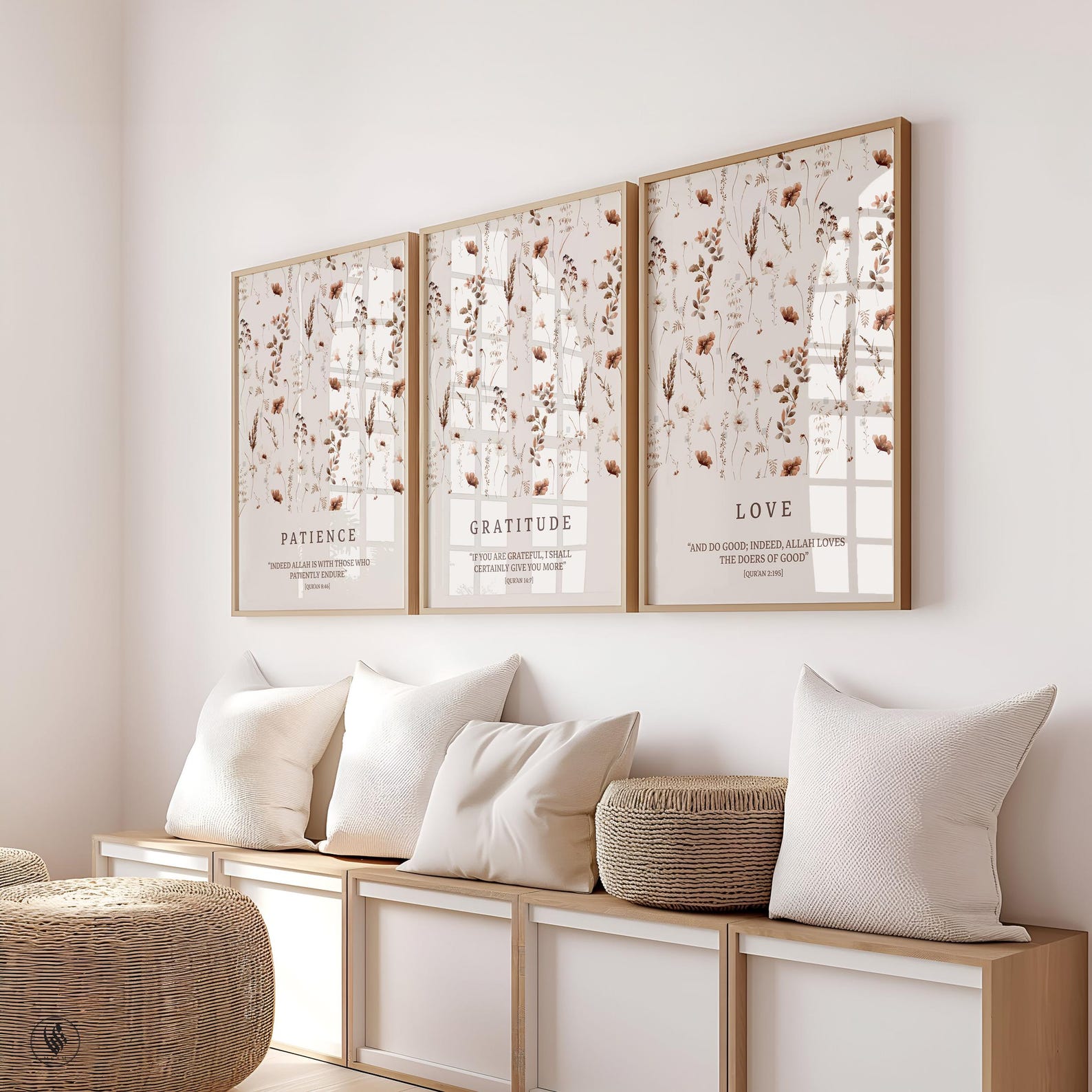 Set of 3 Premium Beige Botanical Flower Leafed Prints, Patience Gratitude & Love