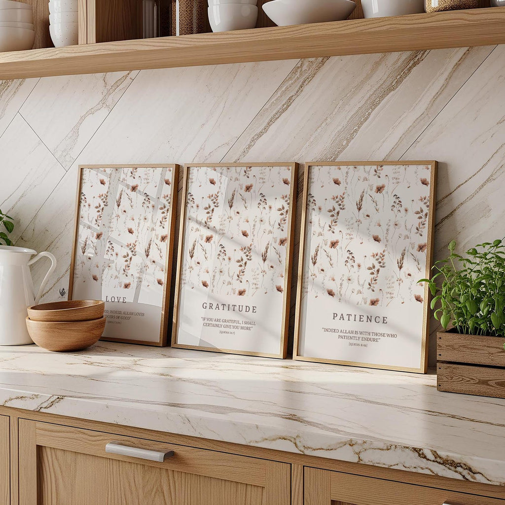 Set of 3 Premium Beige Botanical Flower Leafed Prints, Patience Gratitude & Love