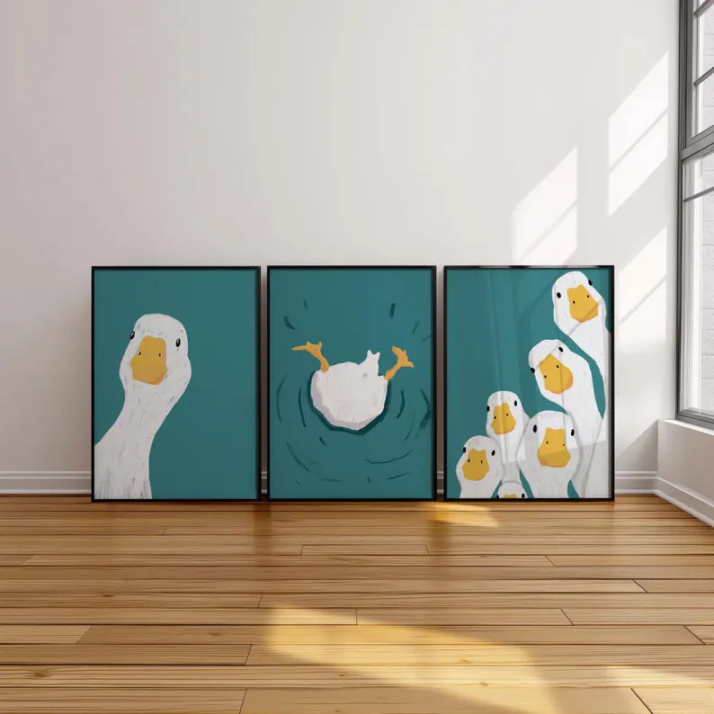 Teal Blue Duck Wall Art - Set of 3