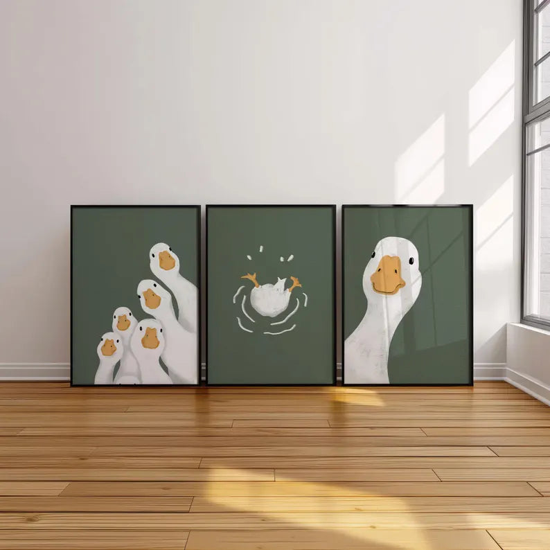 Dark Green Duck Wall Art - Set of 3
