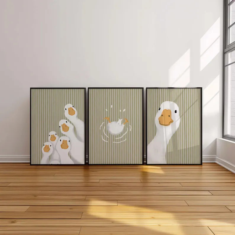 Sage Green Stripes Wall Art - Set of 3