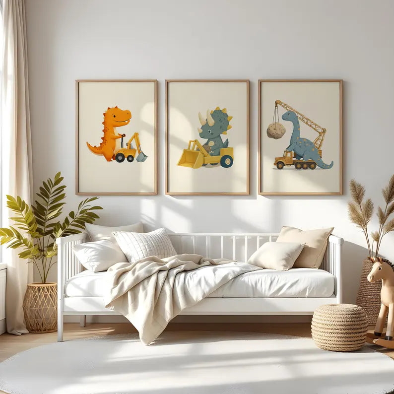 Cute Dinosaur Construction Wall Art - Set of 3