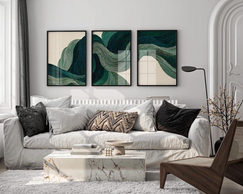 Green Abstract Waves Triptych