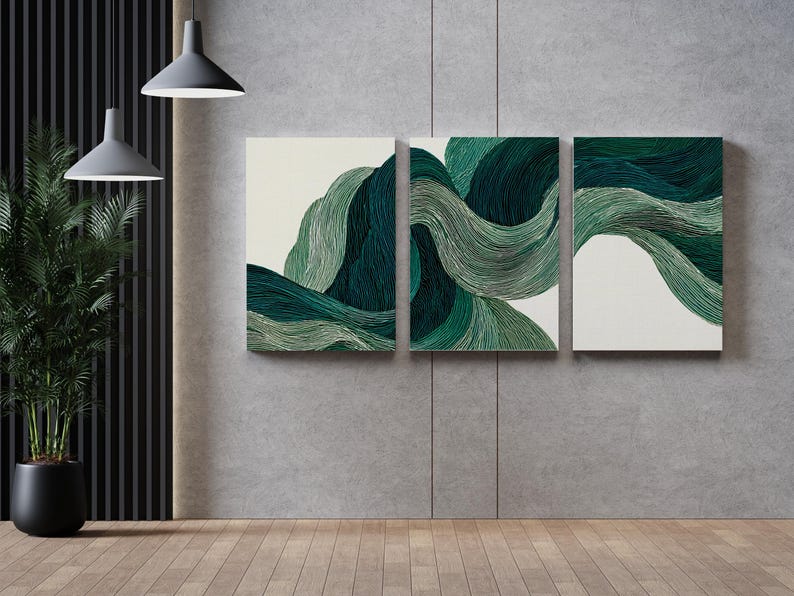 Green Abstract Waves Triptych