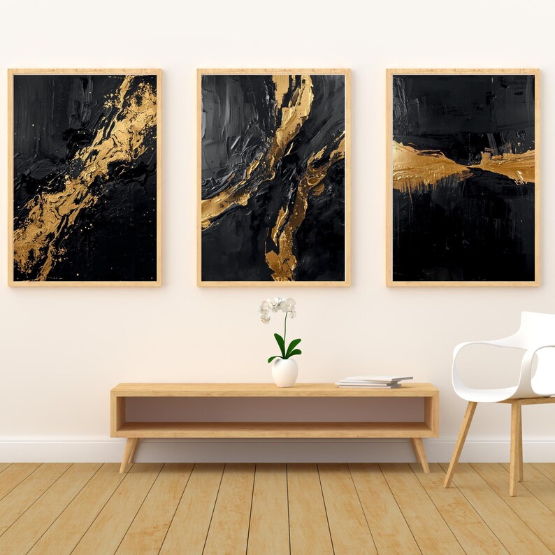 Black and Gold Abstract Wall Art Set of 3