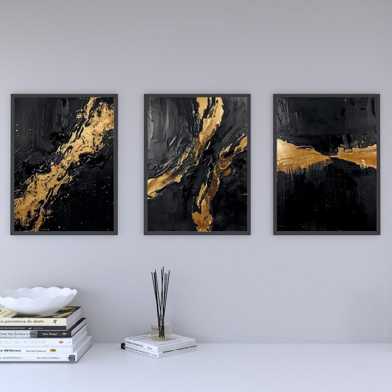 Black and Gold Abstract Wall Art Set of 3
