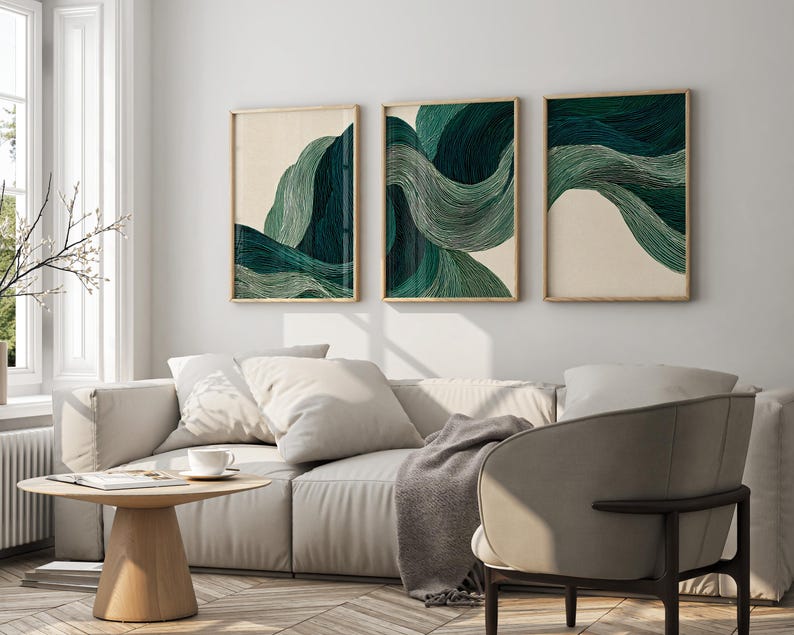 Green Abstract Waves Triptych