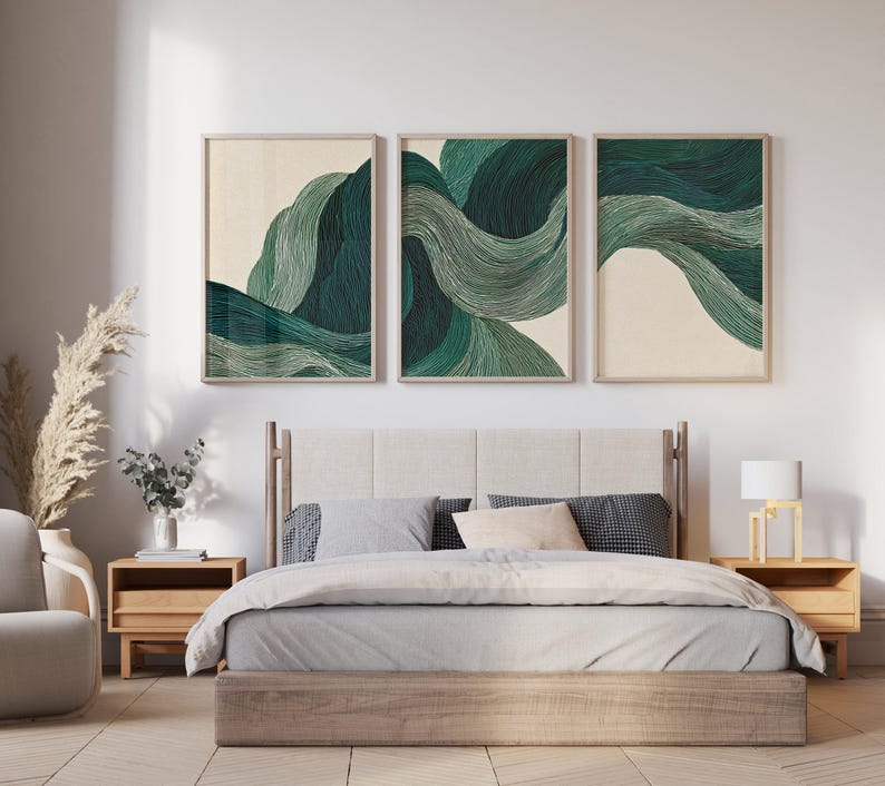 Green Abstract Waves Triptych