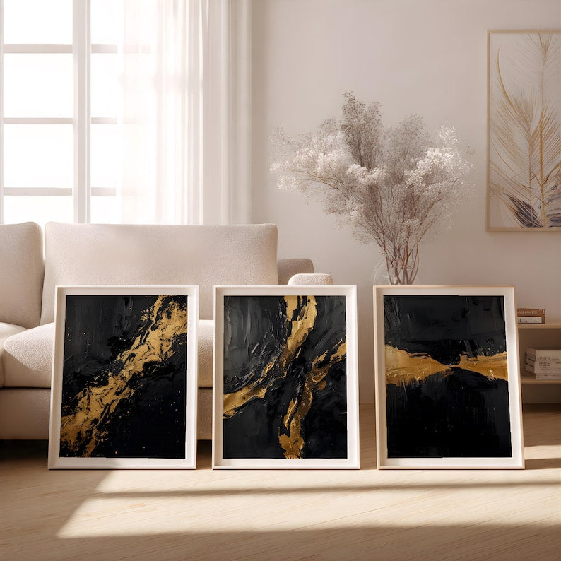 Black and Gold Abstract Wall Art Set of 3