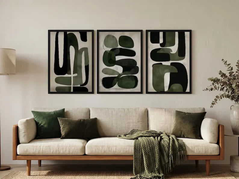 Japandi Olive Green Abstract Wall Art - Set of 3