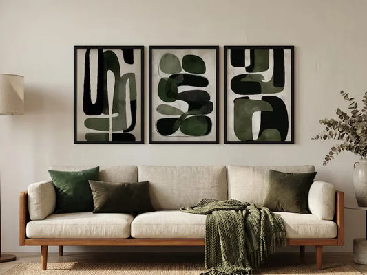 Japandi Olive Green Abstract Wall Art - Set of 3