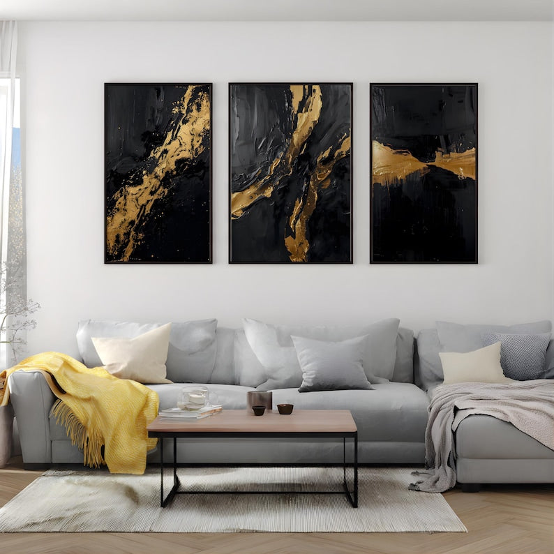 Black and Gold Abstract Wall Art Set of 3
