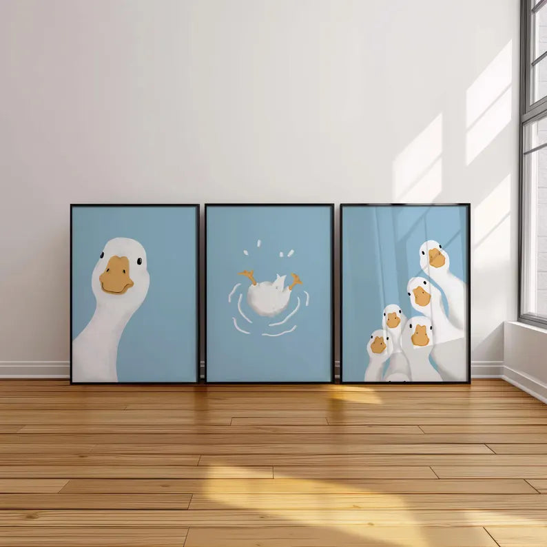 Sky Blue Duck Wall Art - Set of 3