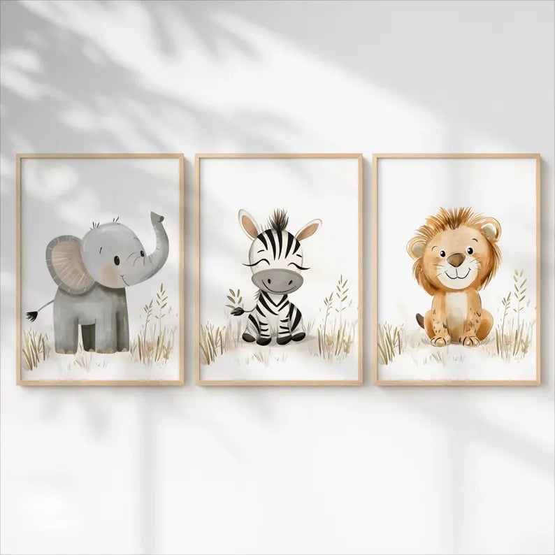 Lion Zebra Elephant Wall Art - Set of 3