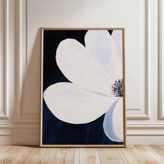 White Flower on Navy - Canvas Frame