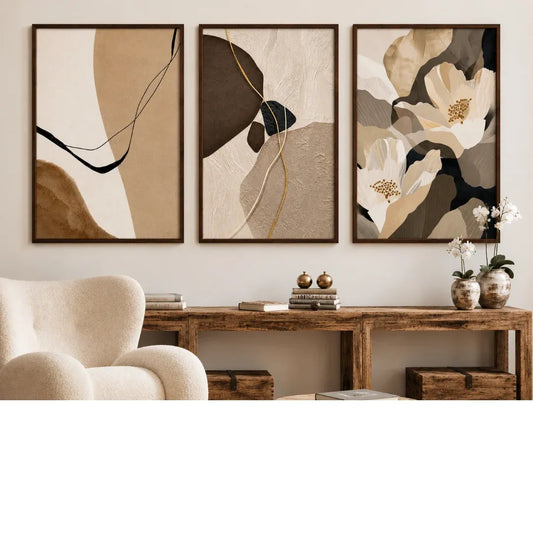 3 Modern Neutral Abstract & Floral Digital Printed Wall Art - Set of 3