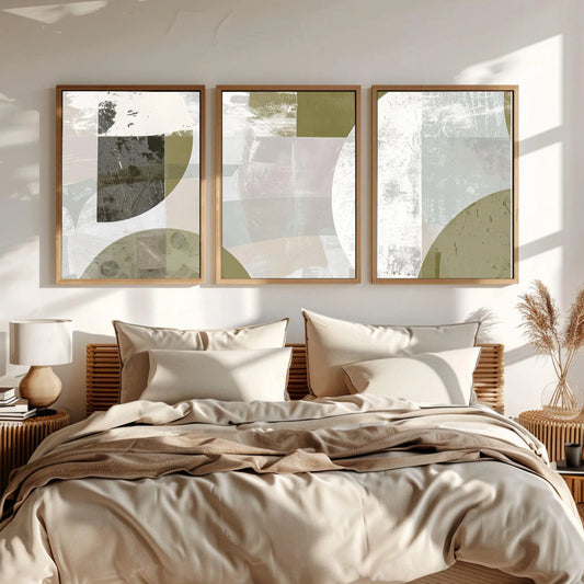 Soft Olive and Beige Abstract Triptych - Set of 3